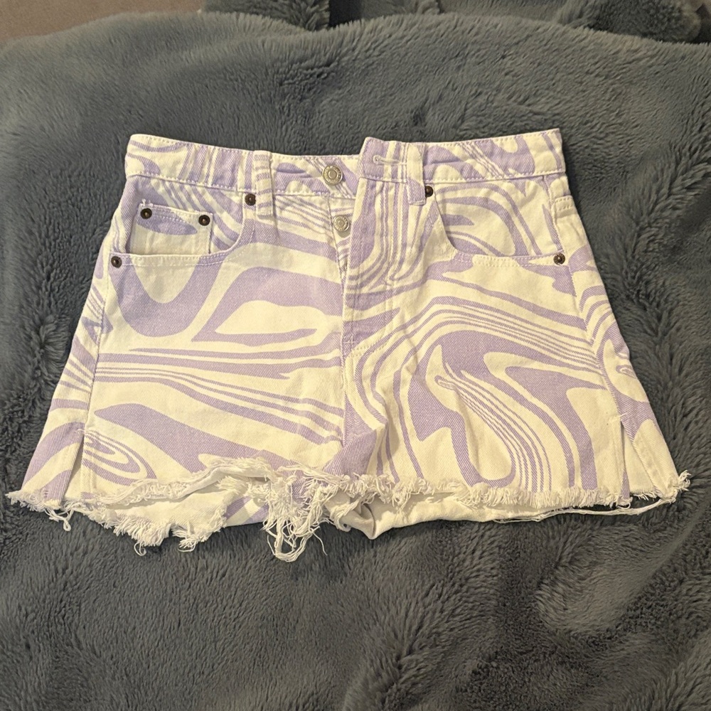 Purple and White Patterned Denim Shorts